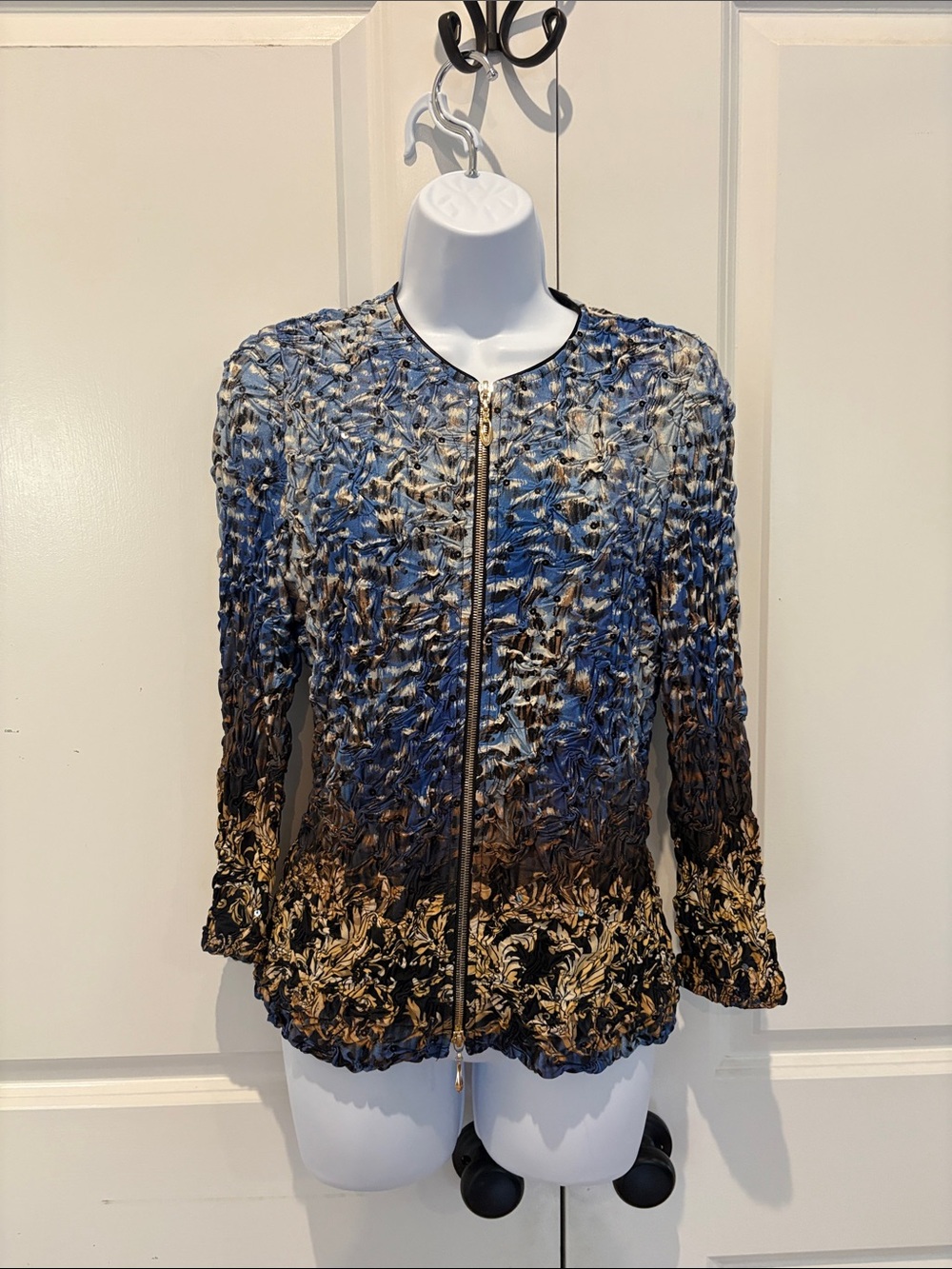 Joseph Ribkoff Blue and Gold Textured Zip-Front Jacket Top